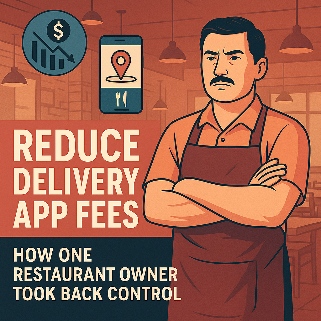 Illustration of a restaurant owner in an apron standing proudly with folded arms, symbolizing confidence in cutting delivery app costs. Text overlay reads “Reduce Delivery App Fees. How One Restaurant Owner Took Back Control.